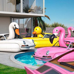 Image of a CGI painting depicting a pink Porsche floating in a swimming pool. 